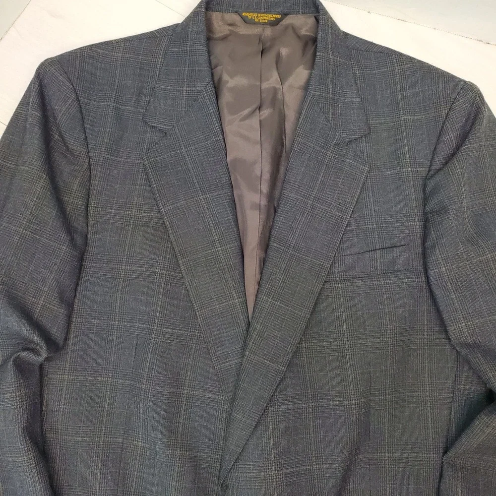 Seasons Spanner Men Grey Blue Glen Plaid 2 Button Blazer 42L Old Money Quiet Lux